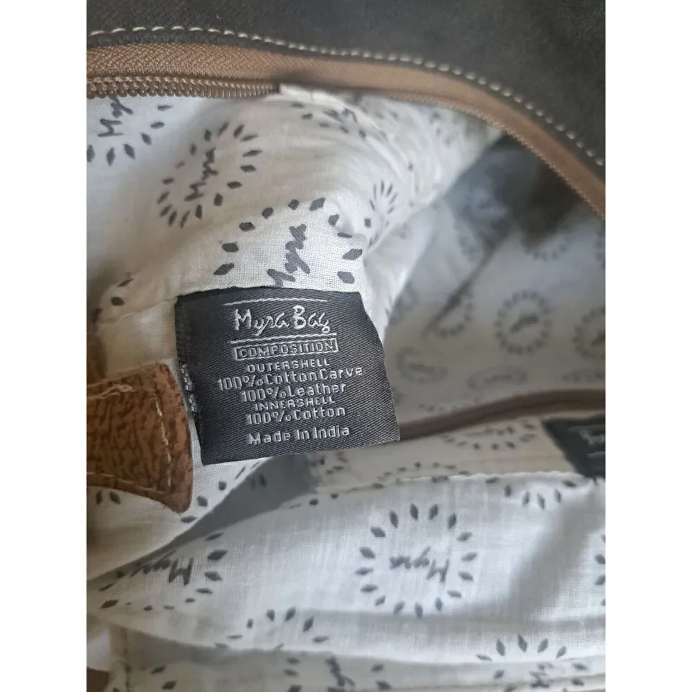 Myra Womens Grizzle Cowhide Upcycled Canvas Leather Gray Backpack Patchwork